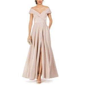 XSCAPE Off-The-Shoulder Shimmer Wrap Gown
